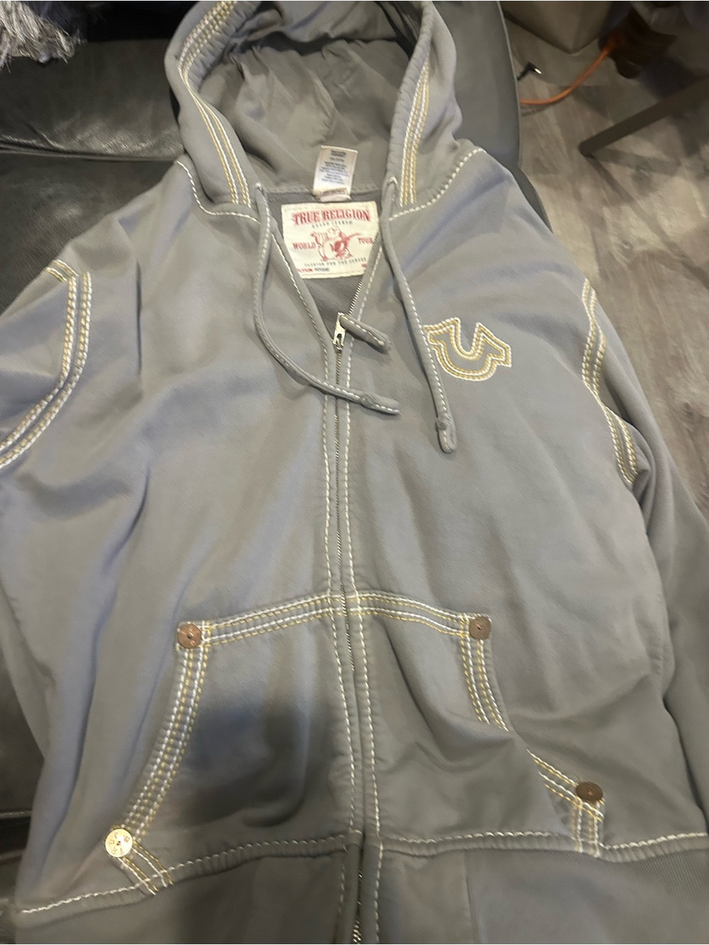 True Religion Gray Hoodie with Cream Contrast Stitching